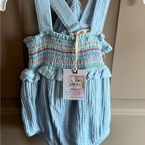 Jessica Simpson Baby Blue Romper with Colorful Smocking with sun hat.